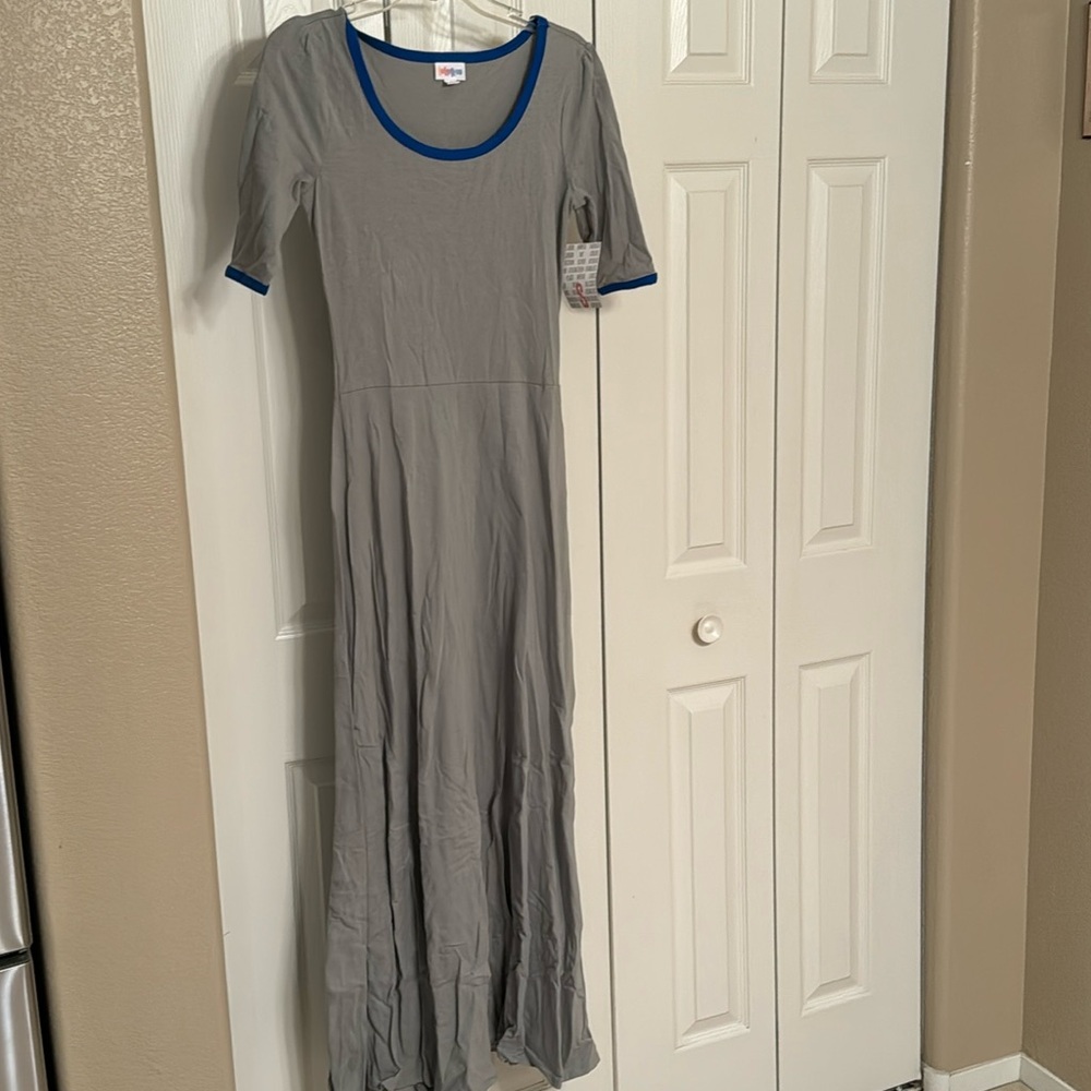 Lularoe Ana dress grey with blue trim neck and arms NWT